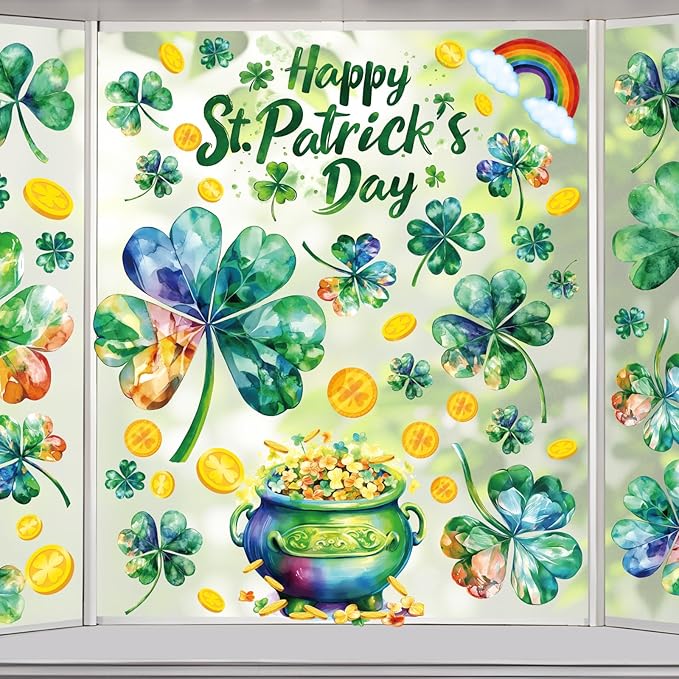 st patricks day window clings for glass windows, saint patrick's day shamrock decor, spring window sticker decal for gifting and holidays, 8 sheets