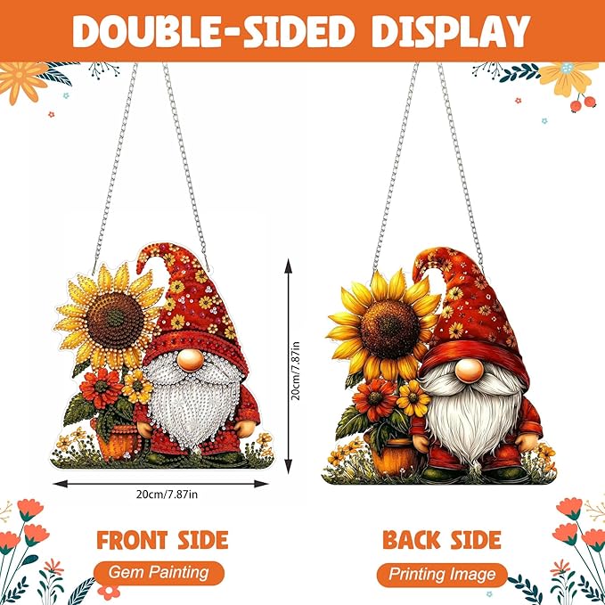NAIMOER Diamond Art Hanging Kits for Adults Gnome Sunflower 5D Special Shaped Rhinestone, DIY Acrylic Diamond Art Painting Window Pendants Home Garden Wall Hanging Ornament Kits, Double Sided