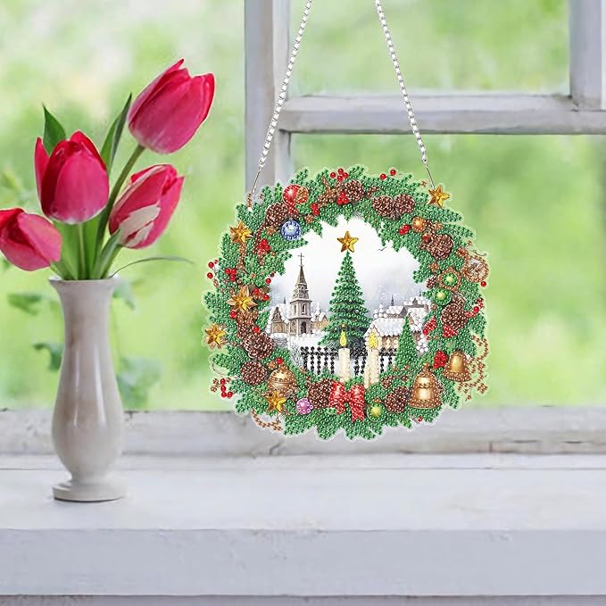 Auremi Christmas Tree Diamond Art Painting Pendant Kits with Chain,5D Christmas Wreath Diamond Art Hanging Kit DIY Diamond Crystal Window Door Hanging Pendant Kit for Adults Gift Wall Decor