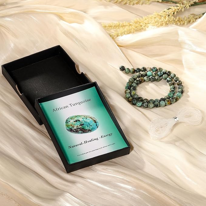 Song Xi 45pcs 8mm Natural African Turquoise Stone Beads for Jewelry Making, Gemstones Beads Bracelet for Necklace Earring Keychain, with Jewelry Box and Elastic for Christmas Wedding Birthday Gift