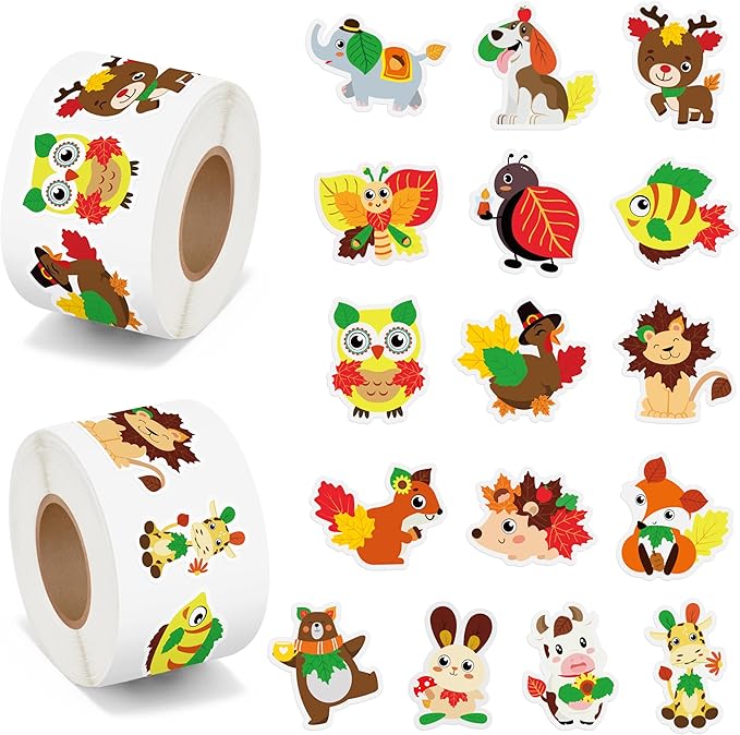 beyumi maple leaves animals stickers - 1000pcs fall leaf cute animals stickers in 2 rolls autumn thanksgiving adhesive decals fall holiday party favor supplies classroom office bottle decor