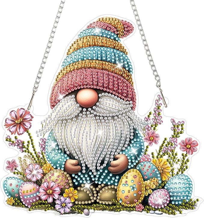 NAIMOER Easter Gnome Diamond Art Hanging Kits for Adults, 5D Special Shaped Rhinestone, DIY Acrylic Spring Diamond Art Painting Window Pendants Home Garden Wall Hanging Ornament Kits, Double Sided