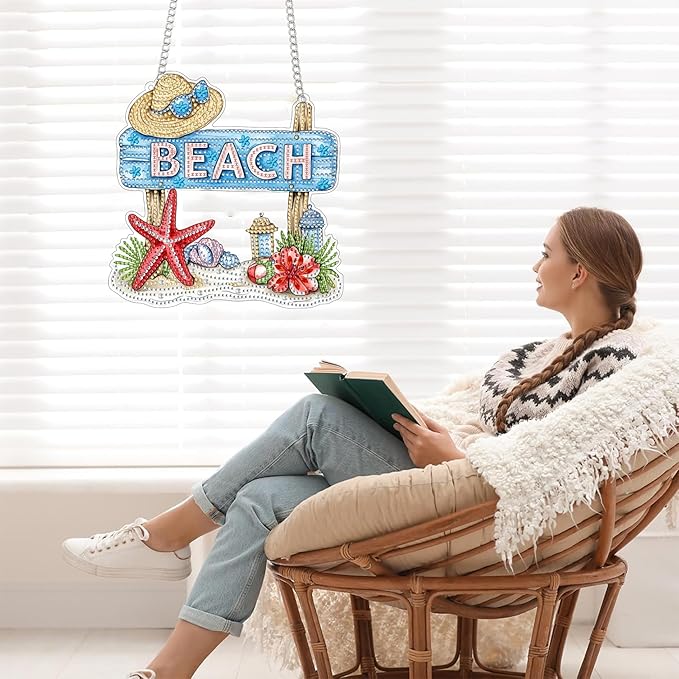 Bimkole Beach Diamond Art Hanging Kit for Adult, DIY 5D Diamond Painting Starfish Window Pendant, Acrylic Crystal Art Hanging Ornament Home Wall Garden Front Door Sign Outdoor Decor 7.8x7.8 Inch
