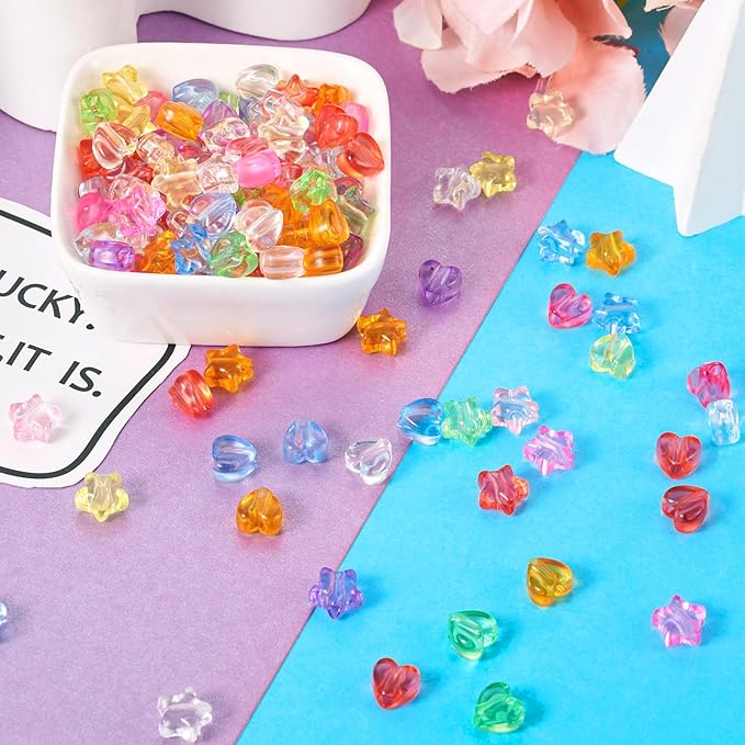 FASHEWELRY 480pcs Clear Acrylic Star Heart Beads - Transparent Colorful Assorted Pastel Cute Kawaii for Bracelets Jewelry Making