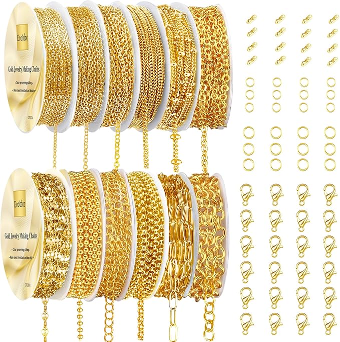 ecoofor gold necklace chains for jewelry making, 95.1 feet 12 rolls jewelry chains for diy necklace bracelet jewelry making with jump rings/lobster clasps/connectors