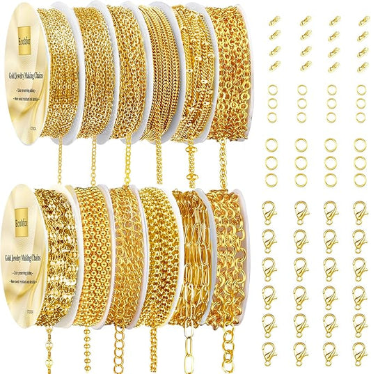 ecoofor gold necklace chains for jewelry making, 95.1 feet 12 rolls jewelry chains for diy necklace bracelet jewelry making with jump rings/lobster clasps/connectors