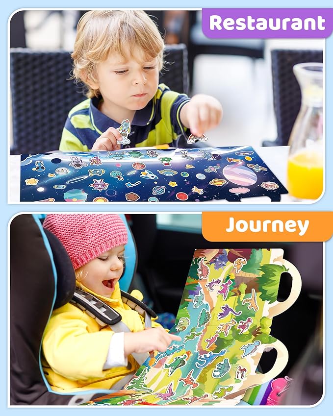 benresive reusable sticker books for kids, sticker books for toddlers, toddler travel toys activities crafts ages 3 and up birthday gifts - dinosaurs, space and body
