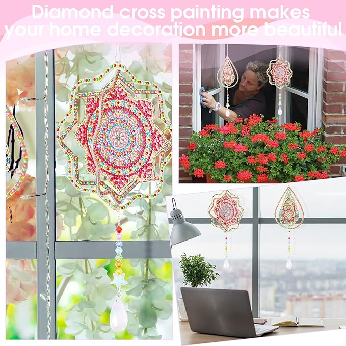 Queekay 2 Pieces 3D Diamond Painting Wind Chime Diamond Art Suncatcher Kits Three Dimensional by Number Hanging Ornament Double Sided Crystal Suncatcher Window Decor for Home Wall Garden(Drop)