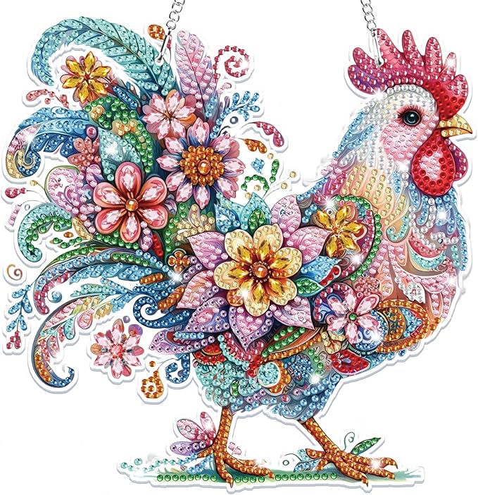 Bowetile Chicken Hanging Diamond Art Painting Kits for Adults, 5D Special Shape Diamond Art Chicken Kits, Crystal Diamond Gem Art Suncatchers Painting Pendant for Home Wall Decor