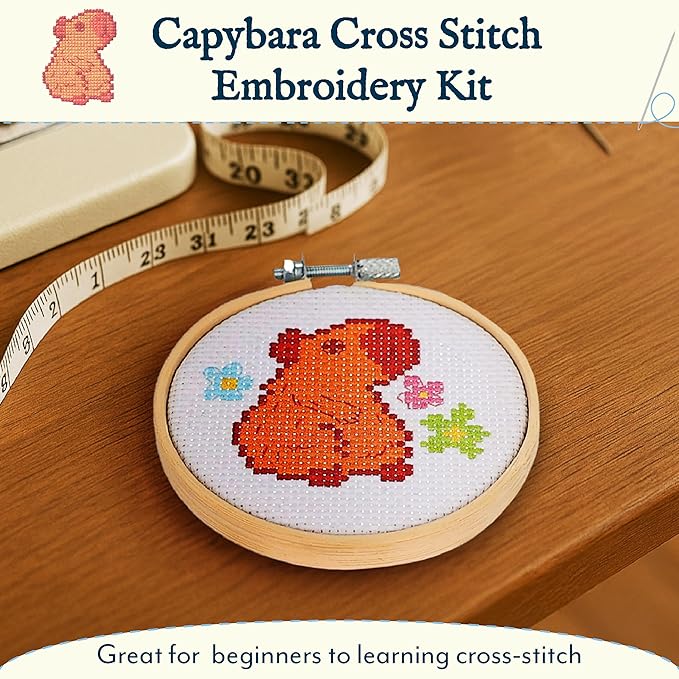 GAMAGO Capybara Cross Stitch Embroidery Kit – DIY Needlework Craft Set with Hoop, Fabric, Floss & Instructions, Cute Beginner Embroidery Kit for Kids, Teens, & Adults