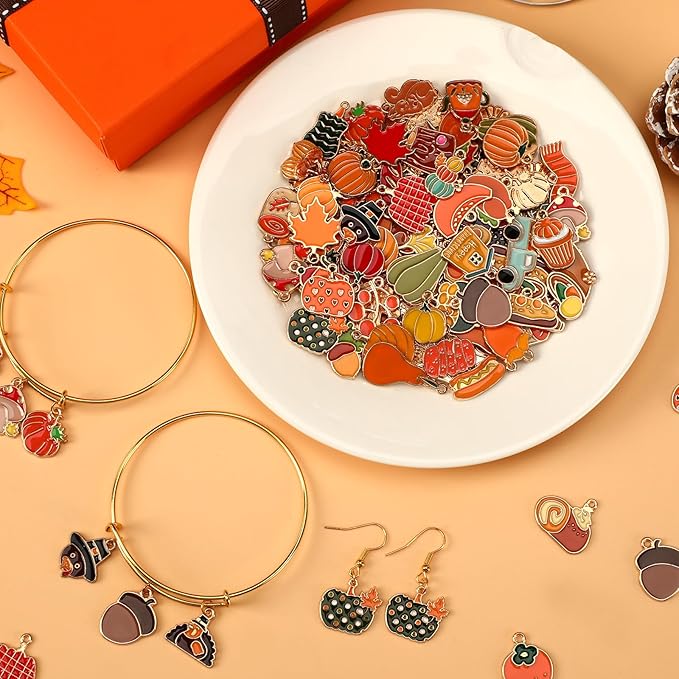 SANNIX 350pc Fall Charms, Thanksgiving Enamel Pumpkin Maple Leaf Turkey Autumn Charms for Jewelry Making, Bulk for Bracelets, Necklaces, Earrings, Craft Making