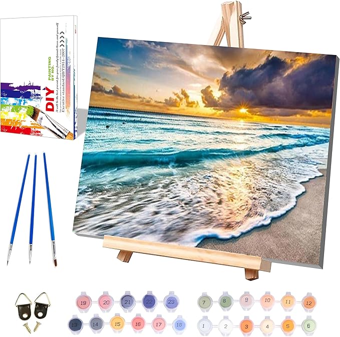 Beach Paint by Numbers for Adults with Framed Canvas-with Wooden Easel,Landscape Paint by Number on Canvas,DIY Acrylic Oil Painting Kits with Brushes Nice Gift Box for Home Wall Decor(16x20inch)