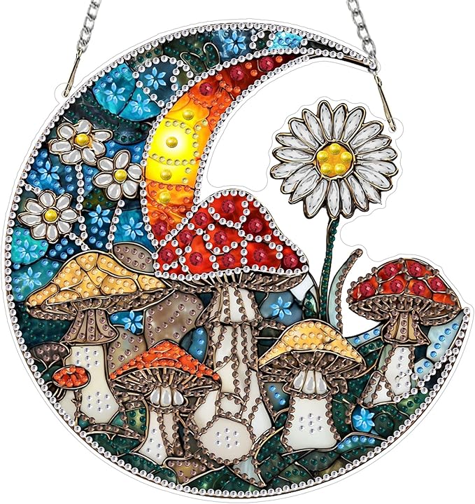 EOBROMD Diamond Hanging Art Kits for Adults Mushroom, Moon Suncatcher Diamond Art Painting, DIY Special Shaped Rhinestone Kits for Adults, Window Pendants Home Garden Wall Hanging Ornament