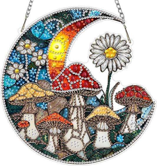 EOBROMD Diamond Hanging Art Kits for Adults Mushroom, Moon Suncatcher Diamond Art Painting, DIY Special Shaped Rhinestone Kits for Adults, Window Pendants Home Garden Wall Hanging Ornament
