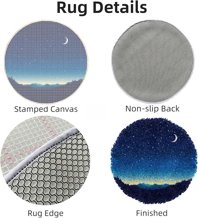 Latch Hook Rug Kit Stars Night Sky Moon Stamped Handmade Round Shape Carpet Crochet Yarn Craft DIY Hook and Latch Door Mat Tapestry for Home Floor Decor 50x50cm