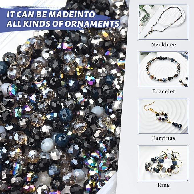 1000pcs Faceted Rondelle Beads,4/6/8mm Crystal Glass Beads for Jewelry Making Assorted 3 Sizes Spacer Loose Beads with Storage Box(Black Color)