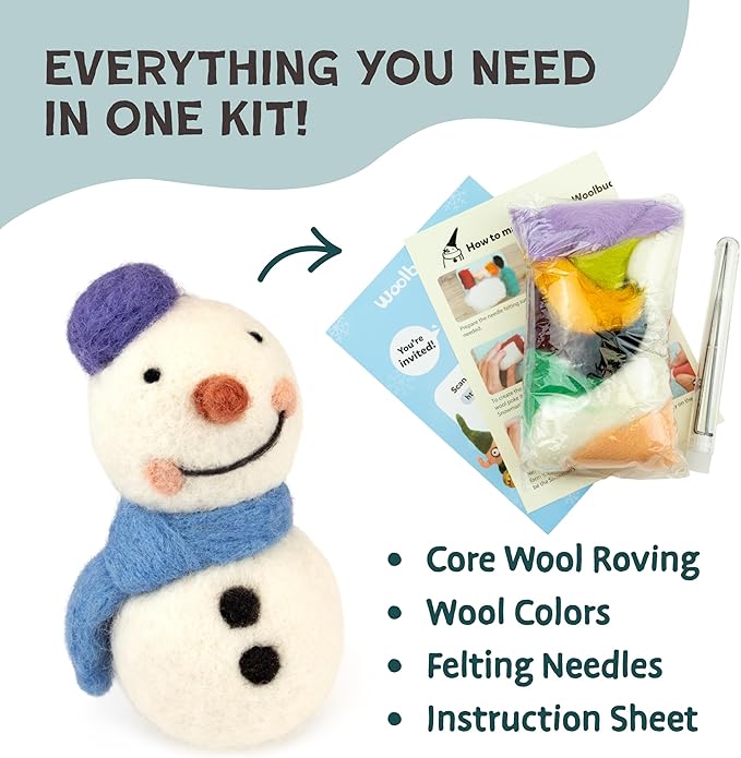 Woolbuddy Needle Felting Kit - Snowman Christmas, Complete Felting Kit for Beginners & Adults, Includes Needle Felting Supplies, Felting Mat, Felting Wool, and Felting Needles for Crafting Fun