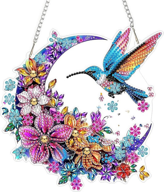 QENSPE Hummingbird Diamond Art Hanging Kits for Adults, 5D Moon & Flowers Special Shape Diamond Paingting Ornaments with Chain, DIY Crystal Window Pendants for Home Wall Decor Double Sided 8X8 inch