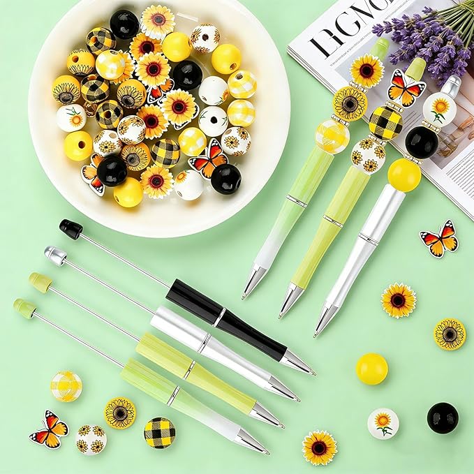 12 Set Sunflower Theme Plastic Beadable Pens DIY Set, Assorted Bead Pens Crystal Round Spacer Set Black Ink DIY Ballpoint for Teachers, Women Men Gift Office Supplies