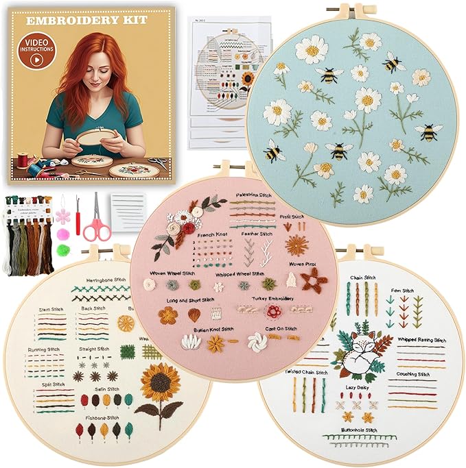 JOINRUN 4 Pack Beginner Embroidery Kit for Adults, Learn Stitches with Pre-Stamped Patterns, Step-by-Step Guide & Video, 7.8" Hoop, Threads & Needles, DIY Needlework Craft Gift for Women