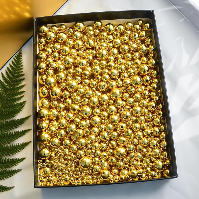 Laopottbeads 1225 Pcs Gold Beads with Oxidation-Resistant Finish, 4/6/8/10/12mm Round Beads DIY Kit for Bracelets, Earrings, Necklaces & Anklets