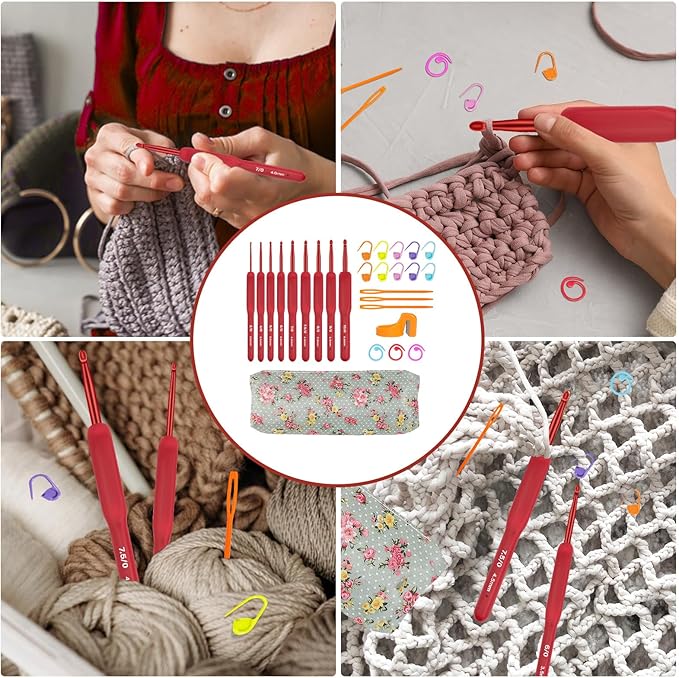 CLYAIYLC 9 Size Red Crochet Hook Set, 2.0-6.0mm Soft Touch Aluminum Crochet Hooks Ergonomic Crochet Hooks for Arthritic Hands,Ideal Gift for Beginner Lover