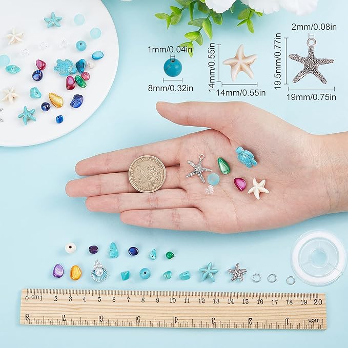 SUNNYCLUE 1 Box 6 Pcs Boho Style 8mm Summer Ocean Turtle Beads Adjustable Beading Bracelet Making Kit Synthetic Turquoise Starfish Beads for Jewelry Making Sea Shell Charms Alloy Starfish Charm