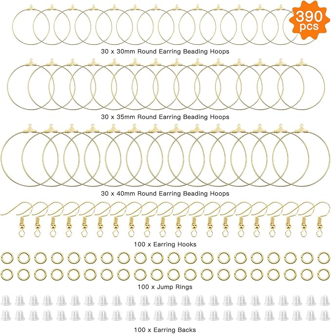 390pcs earring making kit jewelry making supplies bulk earring findings with round beading hoops,earring hooks,jump rings,earring backs for diy craft earring jewelry making(k gold)