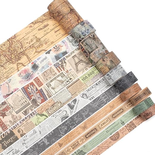 YUBX Vintage Washi Tape Set 10 Rolls Wide Decorative Antique Map Stamp Newspaper Masking Tapes for Arts, DIY Crafts, Journals