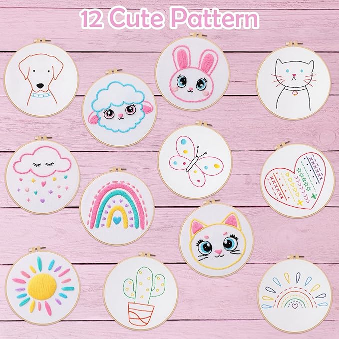 Louise Maelys 12 Pre-Stamped Embroidery Kits for Beginners, Kids Girls Cross Stitch Kit,DIY Needlepoint Craft Sewing Practice Supplies,Funny Cute Pattern,Perfect for Ages 8-12