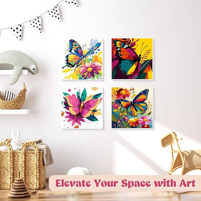 Lxmsja 4 Pack Butterfly Bloom Paint by Numbers Kit for Adults, Easy Framed Paint by Numbers for Adults Beginner, DIY Acrylic Oil Painting Craft Kits for Home Wall Decor 8x8 inch
