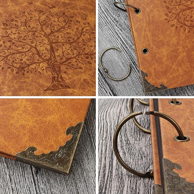 Photo Album DIY Scrapbook 10x10 inch 50 Pages Double Sided, Vintage Leather Cover Three-Ring Binder Picture Booth + 408pcs Self Adhesive Photos Corners for Memory Keep (Family Tree Brown Sugar)