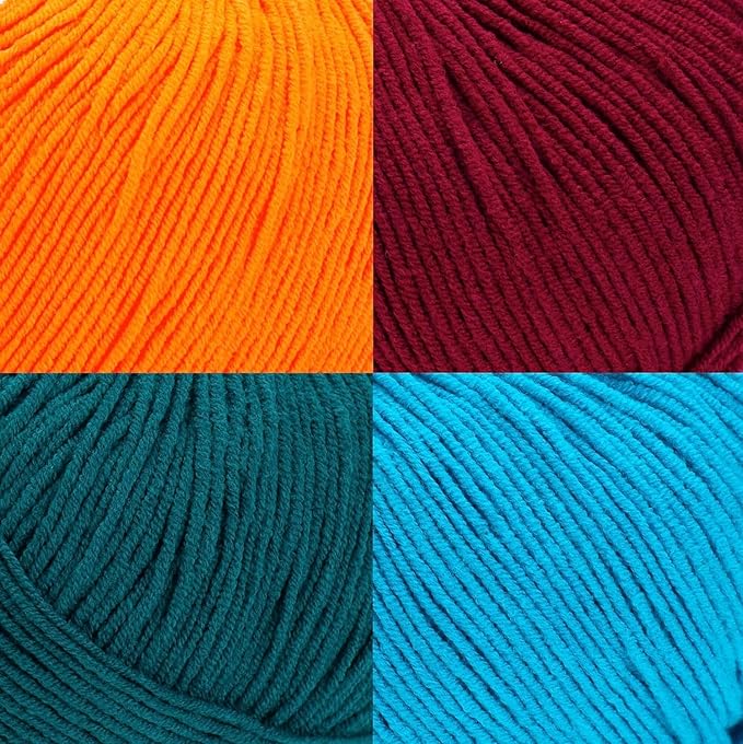 Cotton Yarn Kit - 4 Multicolor Balls Soft Sport Weight Yarn for Crochet & Amigurumi - 50g / 175yds Each & 10 Stitch Markers (H14 - Vibrant-1)