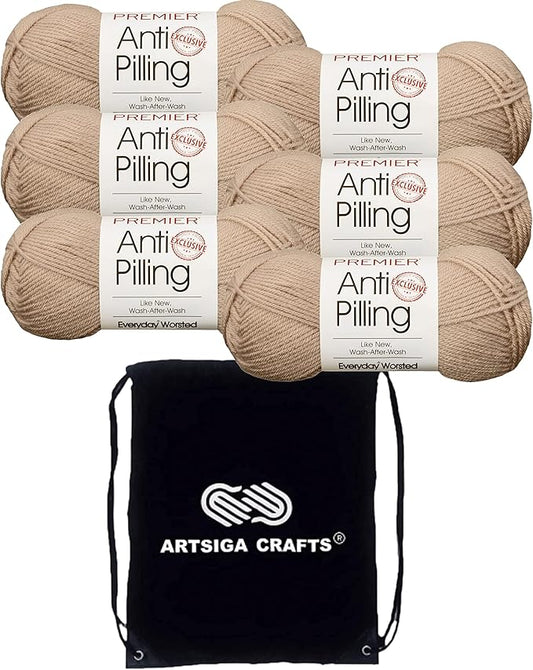 Premier Yarns Everyday Anti-Pilling Solid Cappuccino DN100-35 (6-Skeins - Same Dye Lot) #4 Worsted Weight Acrylic Yarn for Crocheting and Knitting with Project Bag