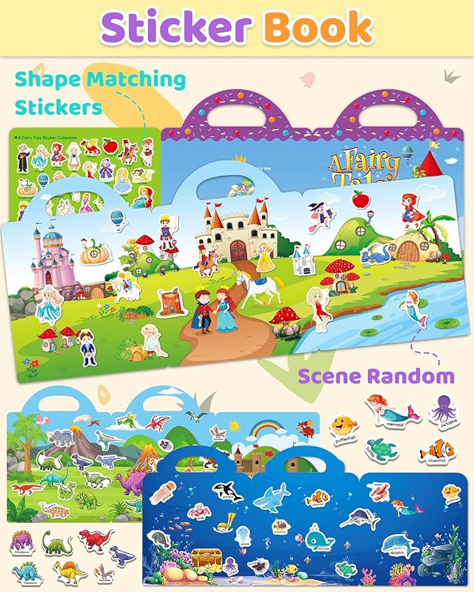 benresive reusable sticker books for kids, sticker books for toddlers, toddler travel toys activities crafts ages 3 and up birthday gifts - ocean, fairy and dinosaur