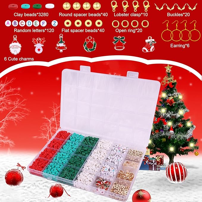 Wuollgess 3500 PCS Christmas Clay Beads Bracelet Making Kit, Polymer Heishi Beads for Jewelry Making, Letter Beads Friendship Bracelet Kit with Christmas Charms for Necklace Earring DIY
