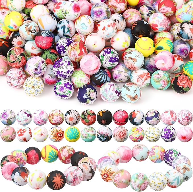 Ferreve 120 Pcs 15mm Silicone Beads Bulk Flower Silicone Beads Floral Print Rubber DIY Bracelet Making Kit for Keychain Making Pens Necklace Jewelry(Flower)