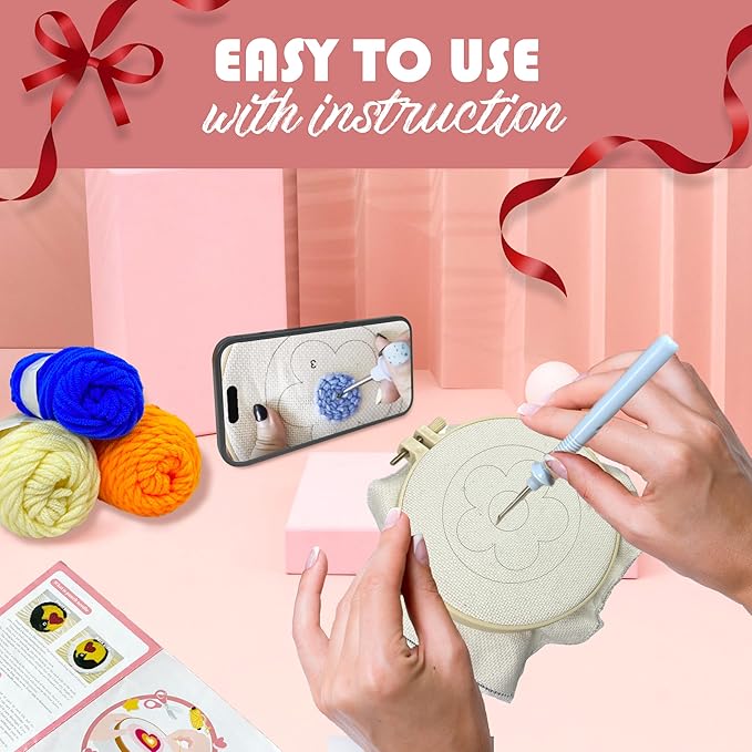SEREDH Punch Needle Kit for Beginners Adults Easy Needle Punch Embroidery Set Including Threader Instruction Fabric Hoop Yarn Coaster DIY Making Kit Supplies,Set of 8 Flower Art Crafts Gifts
