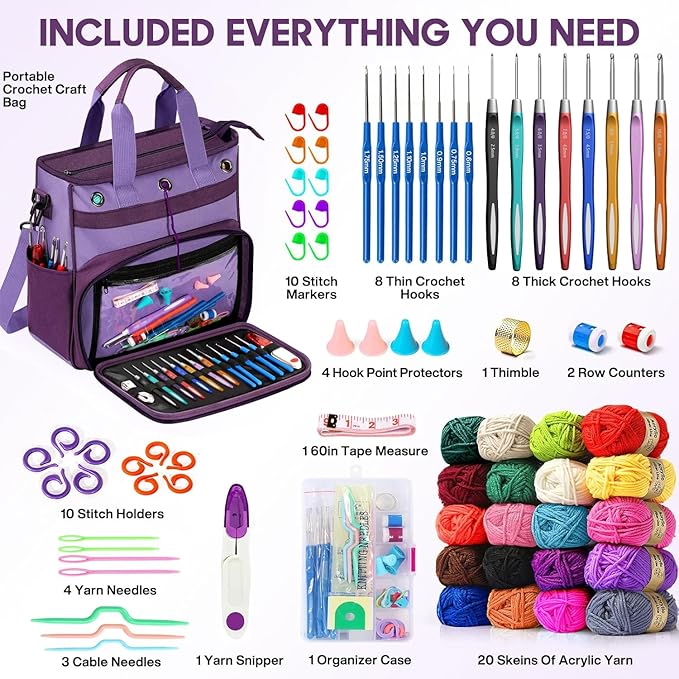 Spardar 74 pcs Crochet Kit, Crochet Kits for Beginners with Large Storage Bag, 20 Pcs Crochet Yarn, 16 Pcs Crochet Hooks, Crochet Accessories for Adults, Elderly and Beginners (Dark Purple)