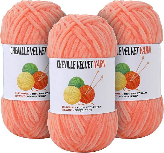 3 * 100g Velvet Chenille Chunky Yarn for Crocheting, Handcrafts Weaving Soft Chenille Yarn for Crocheting Clearance, Used for Making Baby Yarns Blanket, Clothes, Knitting Creations (Apricot Color)