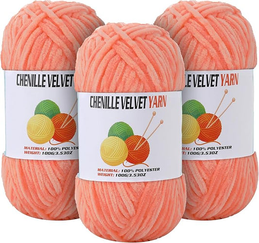 3 * 100g Velvet Chenille Chunky Yarn for Crocheting, Handcrafts Weaving Soft Chenille Yarn for Crocheting Clearance, Used for Making Baby Yarns Blanket, Clothes, Knitting Creations (Apricot Color)