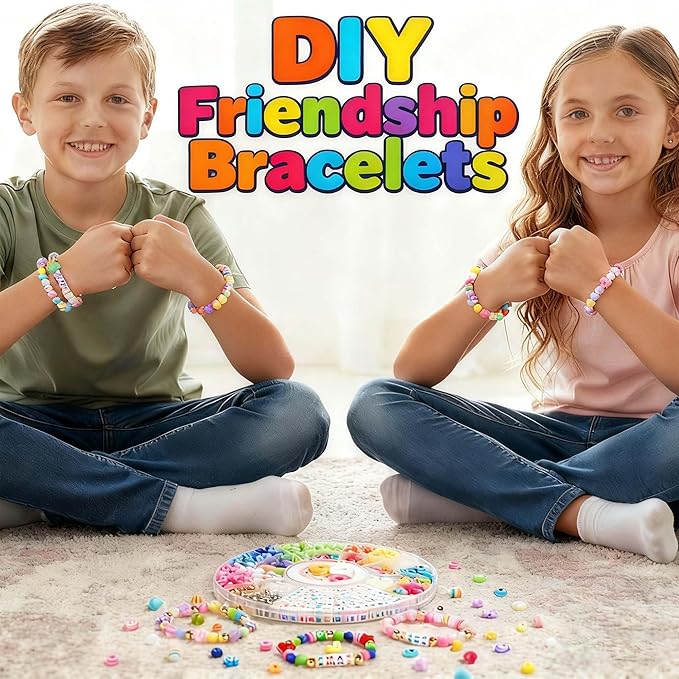 minimissmianyc 594pcs bead bracelet making kit for kids,colorful pony beads pearl shell flower evil eyes star carft friendship bracelet necklace jewelry making supplies kit gifts for boys girls women