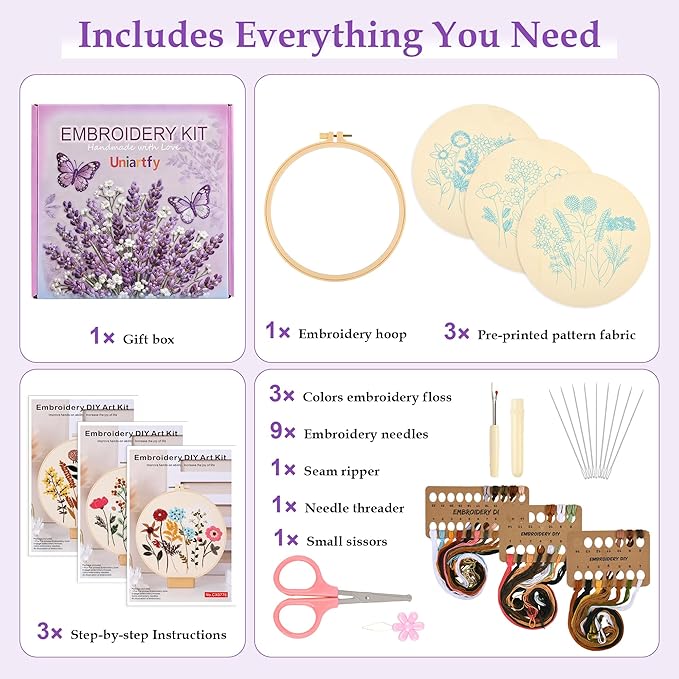 3 Sets Embroidery Kit, Cross Stitch Kits for Beginners, Needlepoint Kits for Adults with Floral Patterns, Hoop, Needles, Threads and Tools, Colorful Threads, Easy to Learn Step-by-Step Guide & Video