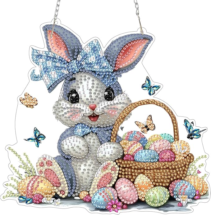 MXJSUA Easter Bunny Diamond Art Hanging Kits for Adults Beginners, Crystal Diamond Suncatchers, Special Shape Diamond Painting Pendant Window Ornament Gifts for Home Garden Door Wall Decor