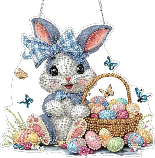 MXJSUA Easter Bunny Diamond Art Hanging Kits for Adults Beginners, Crystal Diamond Suncatchers, Special Shape Diamond Painting Pendant Window Ornament Gifts for Home Garden Door Wall Decor