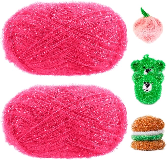 JeogYong Scrubby Yarn 2 Skeins (2 x 100g, 2 x 218yd) Scrubby Sparkle Yarn, Fluffy Polyester Scrubbie Crochet String for Crocheting Knitting Dishcloths Washcloths DIY Projects