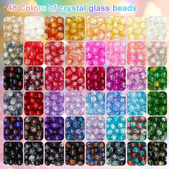 Hanyoung 8mm Glass Beads for Bracelet Making kit,48 Colors 1450 pcs Crackle Glass Beads for Jewelry Making, Crystal Round Bracelet kit for DIY Craft Gifts (Crackle Color)