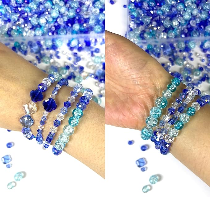 1000Pcs Glass Beads for Jewelry Making Crystal Beads for Bracelet Craft Necklace Earring Making Assorted Color 5 Style/Crackle Round/Briolette Faceted/Bicone/Cube/Four-Leaf Clover / 4 Size