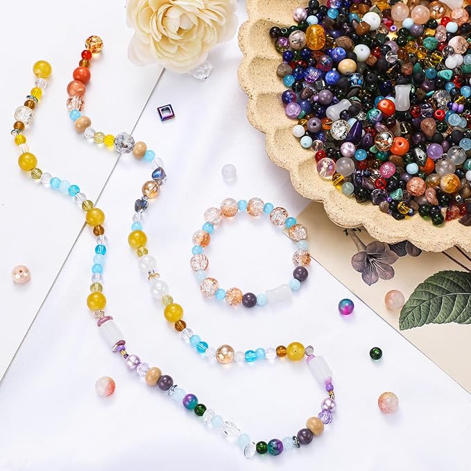 Sureio 1300 Pcs Assorted Glass Beads for Jewelry Making, About 0. 9 Pounds Multicolor Crystal Stone Beads Bulk, 5-13mm DIY Lamp Work Arts and Crafts Decorative Hobby Artistry Making Supply(Colorful)