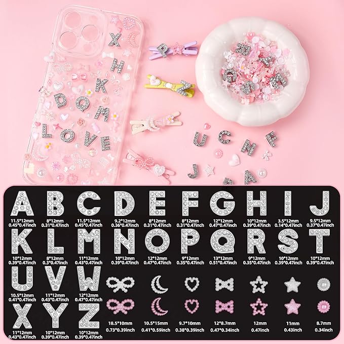 Junk Case Charms, A-Z Alphabet Letters Junk Case Kit, Junk Phone Case Charm, Pink Assorted Slime Charms Bulk Letter Charms for DIY Necklace Bracelets Jewelry Making Scrapbooking Crafts